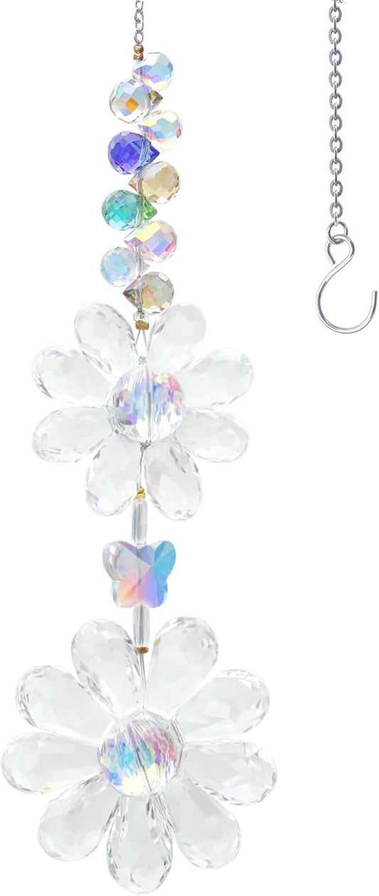 Crystal Flower Suncatcher Hanging Ornament, Rainbow Maker Window Sun Catcher Indoor Outdoor Patio