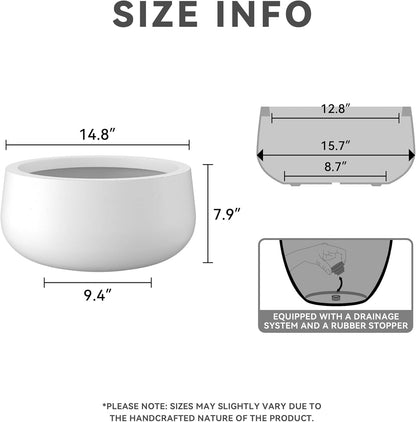 Kante 15.7" Dia Round Concrete Planter, Outdoor Indoor Garden Plant Pots with Drainage Hole and Rubber Plug, Modern Curvaceous Design, Pure White