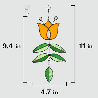 Tulip Stained Glass Suncatcher, Folk Flower Stained Glass Window Hanging Sun Catcher, Retro Home Decor, Handmade Gift for Plant Lovers, 9.4" x 4.7"