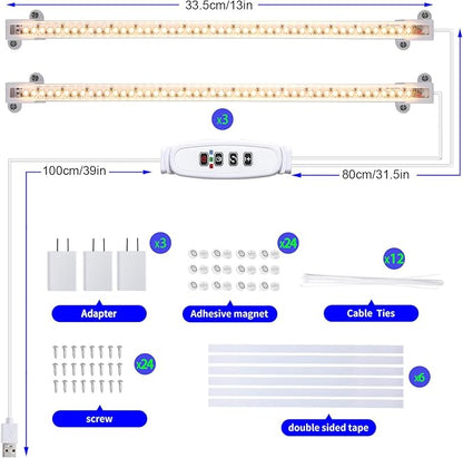 13 Inches Strip Growing Lamp for Indoor Plants, 3500K Full Spectrum LED Grow Light Strips with Auto ON/Off, 3/9/12H Timer & 10 Dimmable Levels for Green House Succulent (2 Head×3 Pack)
