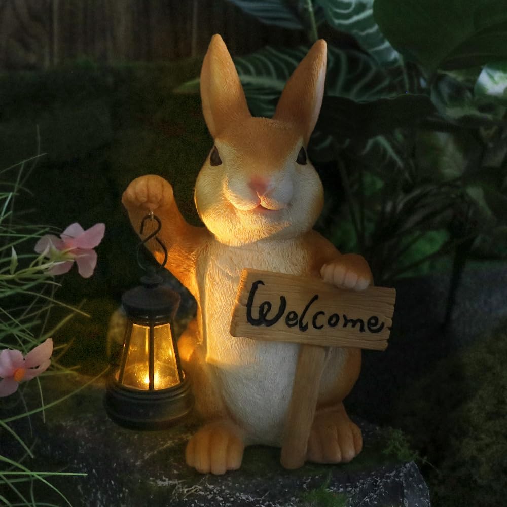 Solar Rabbit Garden Statue with Welcome Sign, Solar Rabbit Welcome Light Decor, Bunny Statues, Garden Decor for Patio Lawn Yard