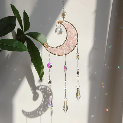Moon Suncatcher Hanging Decor, Boho Chic Rose Quartz Crystal Sun Catcher, Spritual Sun Light Catcher for Windows, Crescent Moon Housewarming Gift (Rose Quartz)