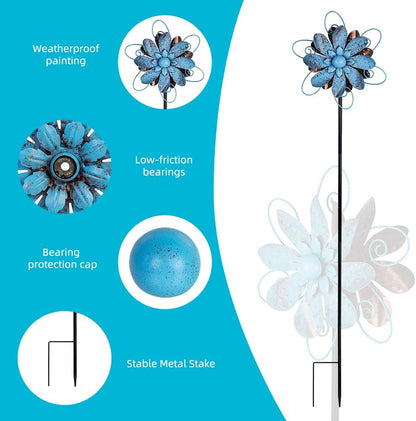 Wind Spinners Outdoor, Metal Flower Garden Pinwheels, Garden Wind Sculptures & Spinners for Yard Lawn Patio Decor - Blue