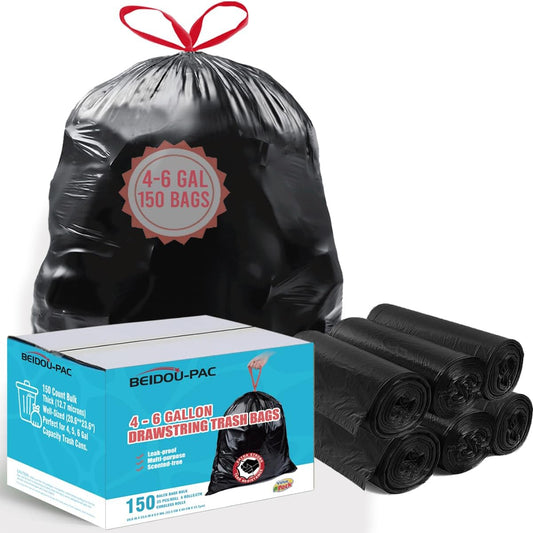 4-6 Gallon Trash Bags Drawstring, 150 Count Bulk Value Pack, Black & Unscented Multi-purpose