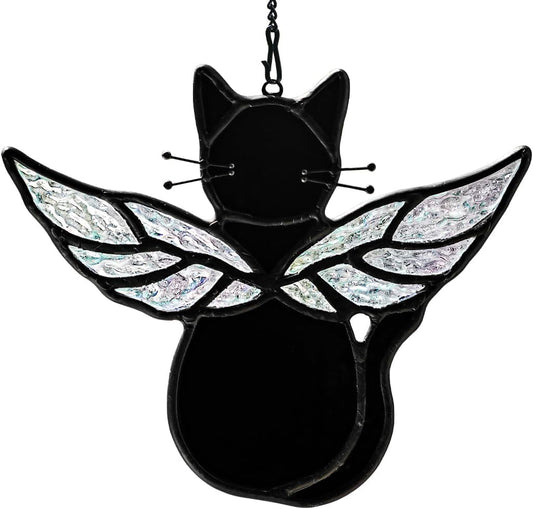 Black Angel Cat Memorial Gifts for Cat Lover,Stained Glass Window Hanging,Angel Wing Black Cats