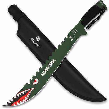 REAT Machete with Sheath, 25.5" Full Tang 420 Stainless Steel Blade with Raging Shark Green Coating,Non-silp Cord-Wrapped Handle for Yard Work, Cutting Trees,Camping