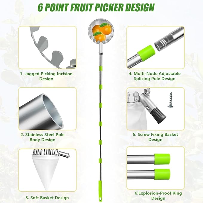 Fruit Picker and Gardening Harvest Storage Apron Set - 2.8m/9.2ft Fruit Picker Tool with Telescopic Handle, Stainless Steel Connecting Pole and Drawstring Storage Bag, Picker for Apple Lemon Cherry