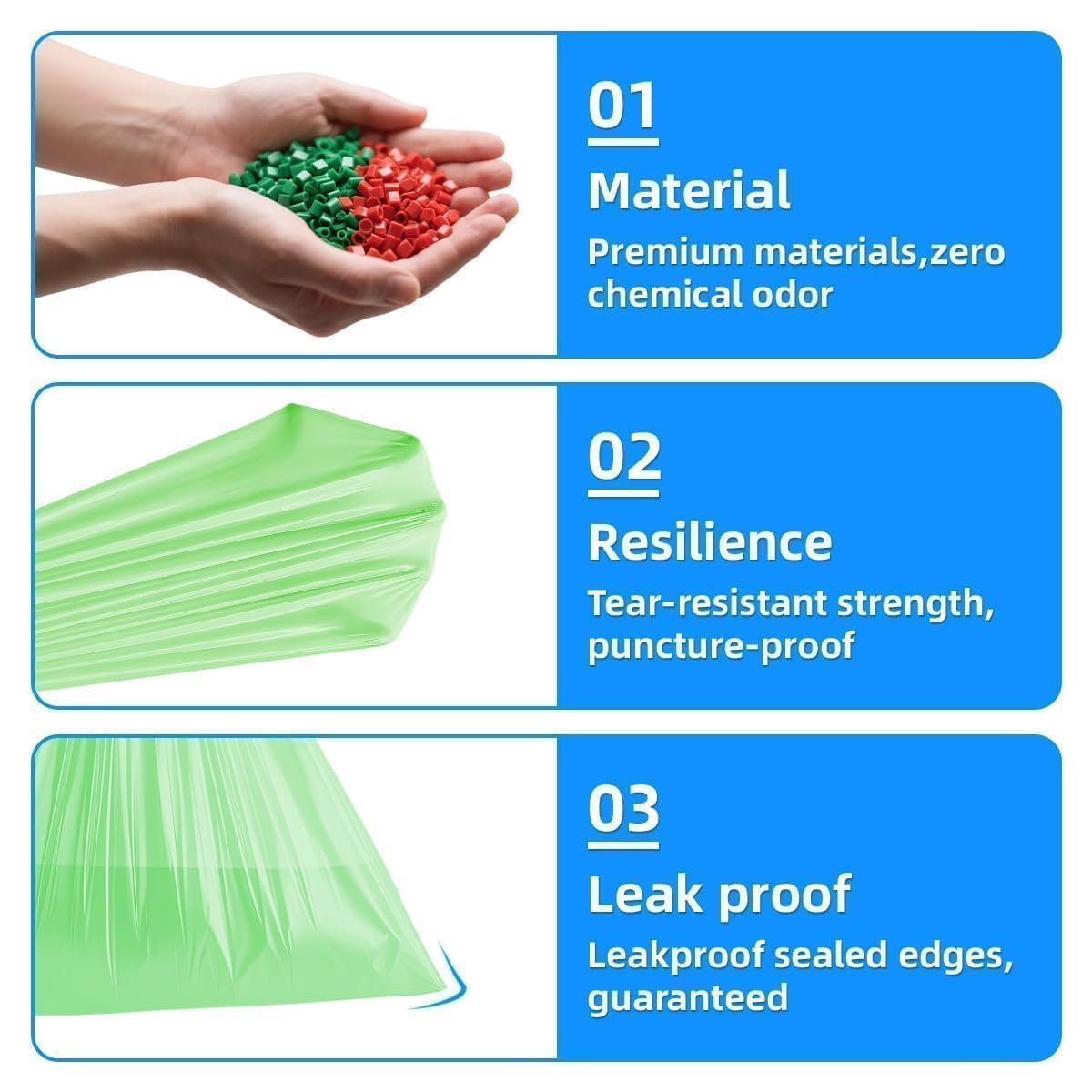 OKKEAI 2.6 Gallon Bathroom Drawstring Trash Bags, 60 Count Small Green Garbage Bags, Heavy Duty Tear-Resistant & Leak-Proof Wastebasket Liners for Kitchen, Bathroom, Office