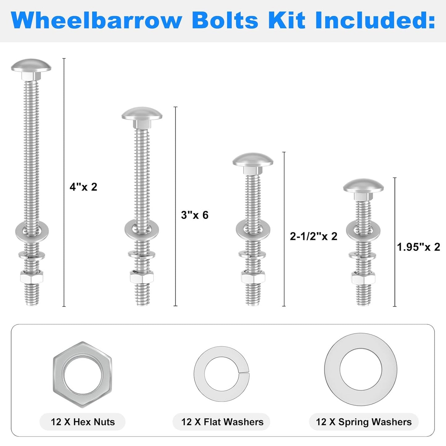 Wheelbarrow Handles Bolts Kit Replacement Wheelbarrow Rebuild 5/16 Stainless Carriage Nuts and Bolts Kit, Furniture Repair,Beds Sofa Table Chairs - 12 Pack