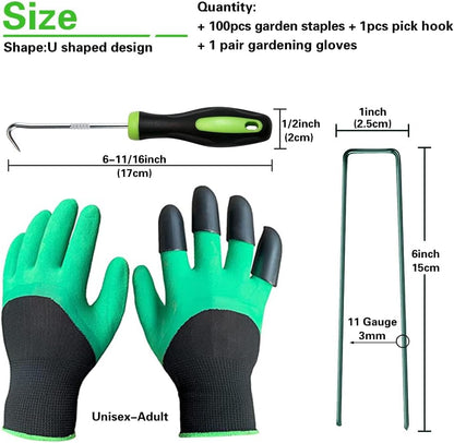 Bakulyor 100Pcs Green Landscape Staples 6 Inch Garden Artificial Turf Stakes Staples, 11 Gauge Lawn Galvanized Ground Fabric Pins for Weed Barrier Sod Decorations Holding Fence and Irrigation Tubing