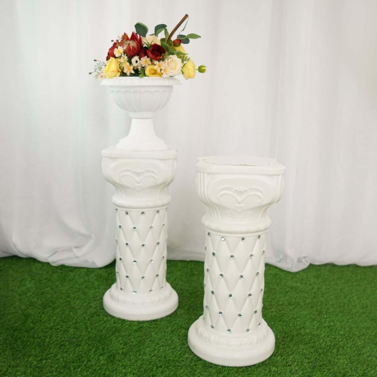 Efavormart 2 Pack 25" Tall White PVC 10mm Crystal Beaded Studded French Inspired Pedestal Column Stand for Floral Arrangements, Wedding, Aisle Decor, DIY Background Designing