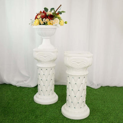 Efavormart 2 Pack 25" Tall White PVC 10mm Crystal Beaded Studded French Inspired Pedestal Column Stand for Floral Arrangements, Wedding, Aisle Decor, DIY Background Designing