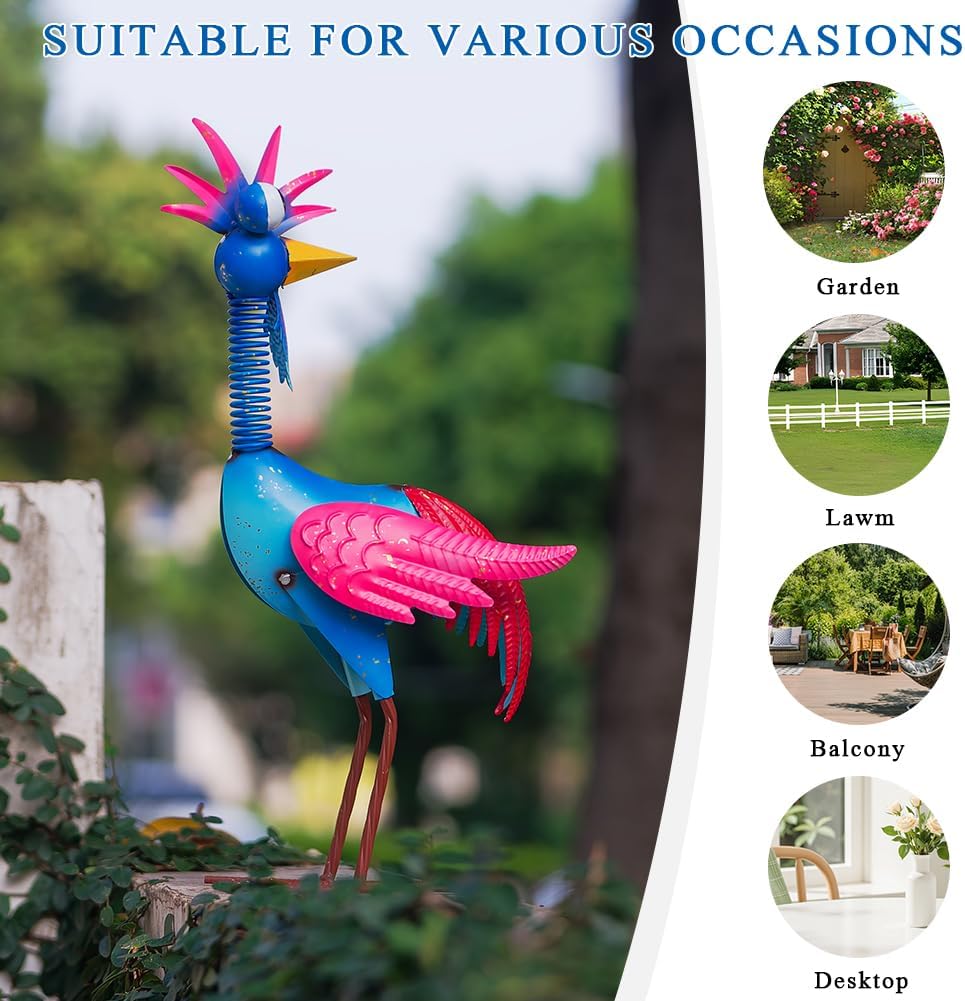 Metal Wacky Rooste Garden Statue, Rooster Decor Yard Statue Decorations Outdoor, Chicken Yard Art for Outside, Patio, Backyrad, Lawn (Blue & Pink)