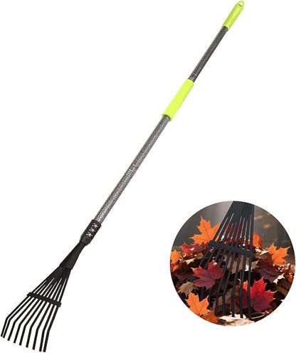 Garden Rake for Leaves, 48" Metal Leaf Rake with Foam Soft Foam Grip, 9 Tines Small Narrow Rakes with Adjustable Long Handle, Rakes for Lawns Gardening Yard Flower Bed Grass Mulch Shrub Camping