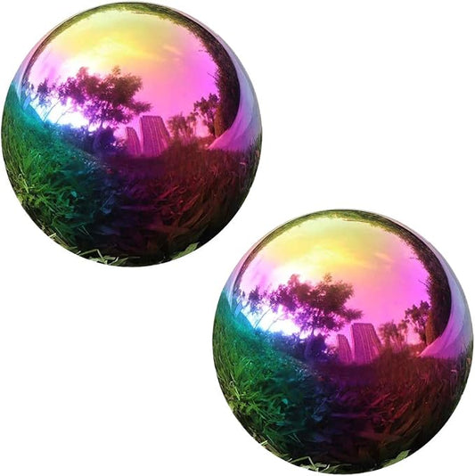 Kesywale Rainbow Gazing Globe Mirror Ball, Home Shiny Stainless Steel Gazing Balls for Gardens Yard Ponds, Pack of 2 (4.7 Inch)