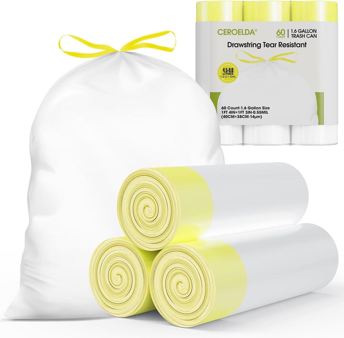 CEROELDA 1.6 Gallon Small Trash Bags, 60 Count Mini Drawstring Garbage Bags Unscented fit 4.5-8 Liter, 1.2-2 Gallon Thick Plastic Wastebasket Liners for Bathroom Bedroom Office Toilet