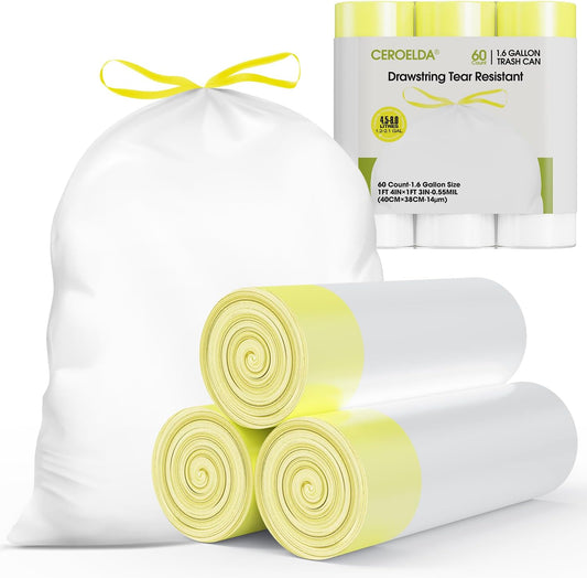 CEROELDA 1.6 Gallon Small Trash Bags, 60 Count Mini Drawstring Garbage Bags Unscented fit 4.5-8 Liter, 1.2-2 Gallon Thick Plastic Wastebasket Liners for Bathroom Bedroom Office Toilet