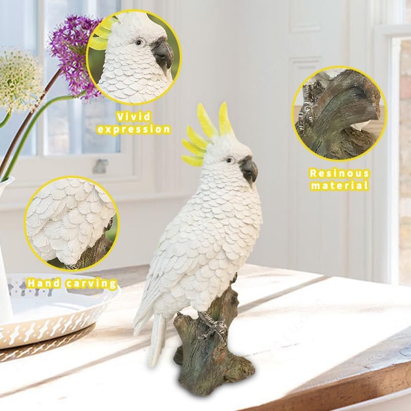 Decorative Parrot Garden Statue, Garden Decor Sculptures Statues Outdoor, Cockatoo Bird Tropical Indoor Desk Decor, Yellow White, 14.96 inches high