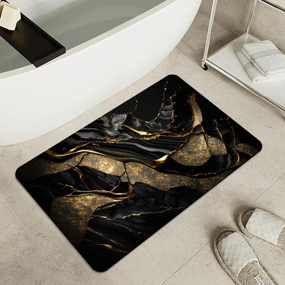Bath Mat-Bathroom Rug，Black and Metallic Gold Marble-Absorbent Non Slip Quick Dry Stain Resistant Easy to Clean Care Shower Rug for Bathtub Shower Room 17×27.5Inch (43 * 70cm)
