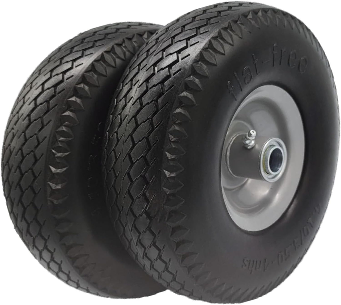 Flat Free 4.10/3.50-4 Tire with 3/4 & 5/8 Axle Bore, 3” Center Hub 10 inch Solid Tire Replacement for Hand Truck/Wagon/Garden Cart/Wheelbarrow/Dolly(Set of 2)