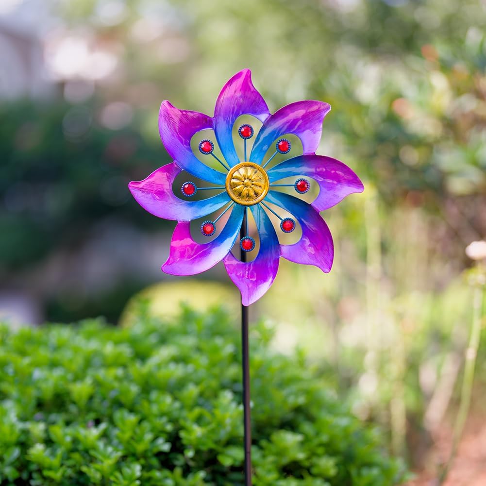 VEWOGARDEN Garden Metal Flower Wind Spinners Outdoor, Kinetic Wind Sculptures & Spinners for Yard Lawn Patio Decorations, Blue & Purple