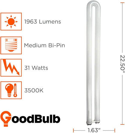 GoodBulb 31 Watt 1.63 Inch T8 Fluorescent U-Bend Light Bulb 3500K Soft White Light Medium Bi-Pin Base High Output 1963 Lumens 10000 Life Hours 80 CRI Pack of 10 Bulbs