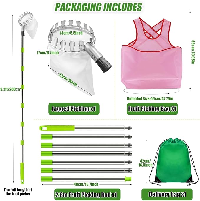 Fruit Picker and Gardening Harvest Storage Apron Set - 2.8m/9.2ft Fruit Picker Tool with Telescopic Handle, Stainless Steel Connecting Pole and Drawstring Storage Bag, Picker for Apple Lemon Cherry