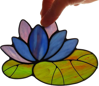 Stained Glass Lotus Flower Window Hanging Sun Catcher Holiday Decoration Window Panels Birthday Gifts for mom,Woman and Friends (Blue)