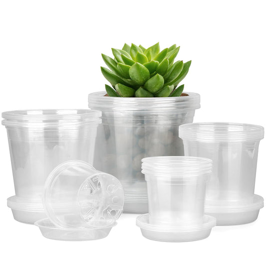 FUIJOL 4/5/6/7 Inch Clear Nursery Pots for Plants with Sacuers 20 Pack, Plastic Flower Pots with