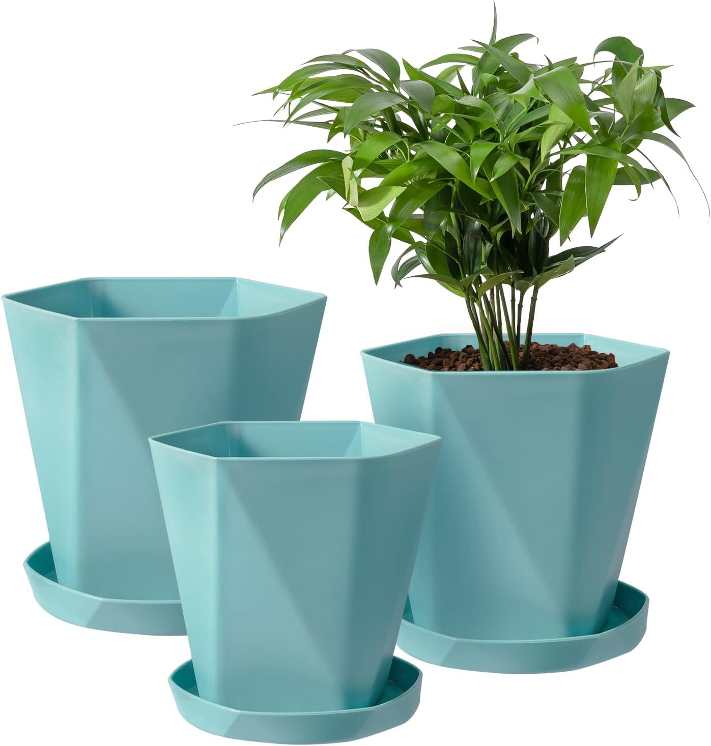 Sun-E Planters for Indoor Plants Flower Pots 7.6/6.5/5.1Inch Set of 3 Plant Pots for Outdoor with Drainage Holes and Saucers Modern Decorative Gift Idea (Ocean Blue)