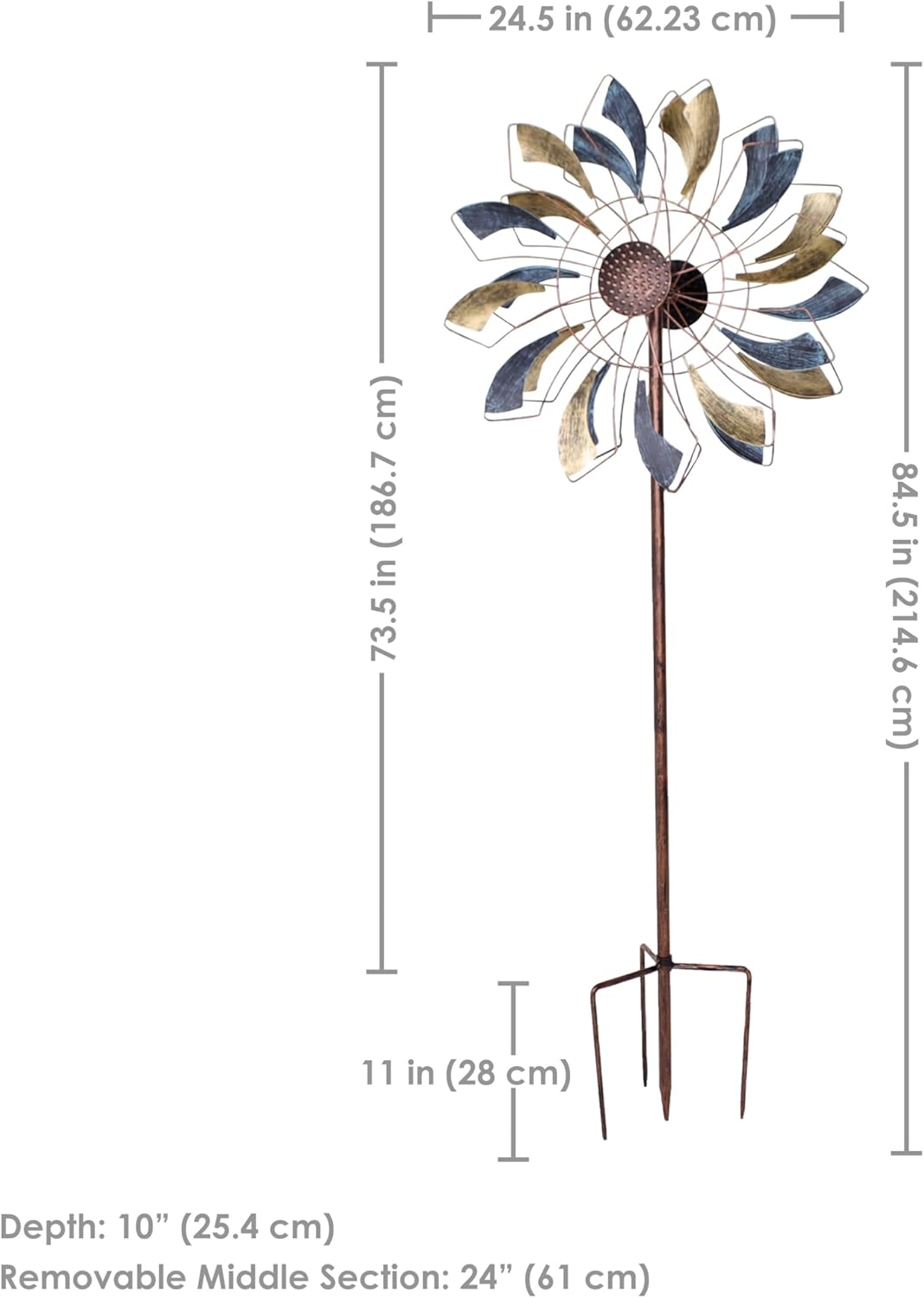 Sunnydaze Metallic Pinwheel Metal Garden Wind Spinner - Removable Pole Sections for Adjustable Height - Dual-Motion Blades - 84.5" H
