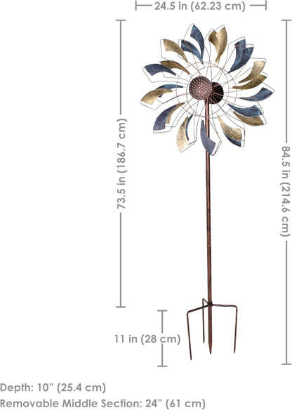 Sunnydaze Metallic Pinwheel Metal Garden Wind Spinner - Removable Pole Sections for Adjustable Height - Dual-Motion Blades - 84.5" H