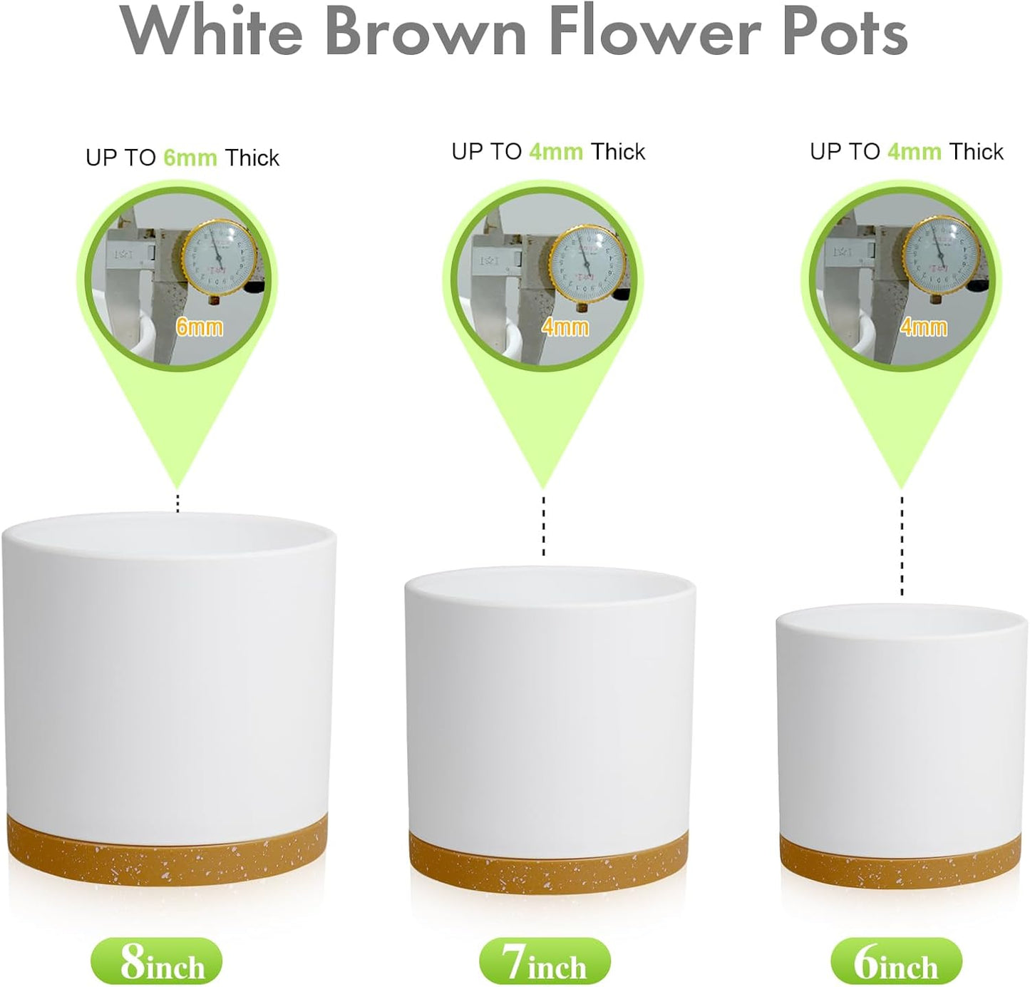 8/7/6 inch Plant Pots, 3 Pack Cylinder Flower Pots for Outdoor Indoor Plants, Decorative Plastic Planters with Drainage Holes and Saucers for Garden House Plants, White with Brown
