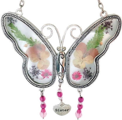 Sister Butterfly Suncatchers with Real Pressed Flower in Glass and Silver Metal Wings - Sister Butterfly Gifts