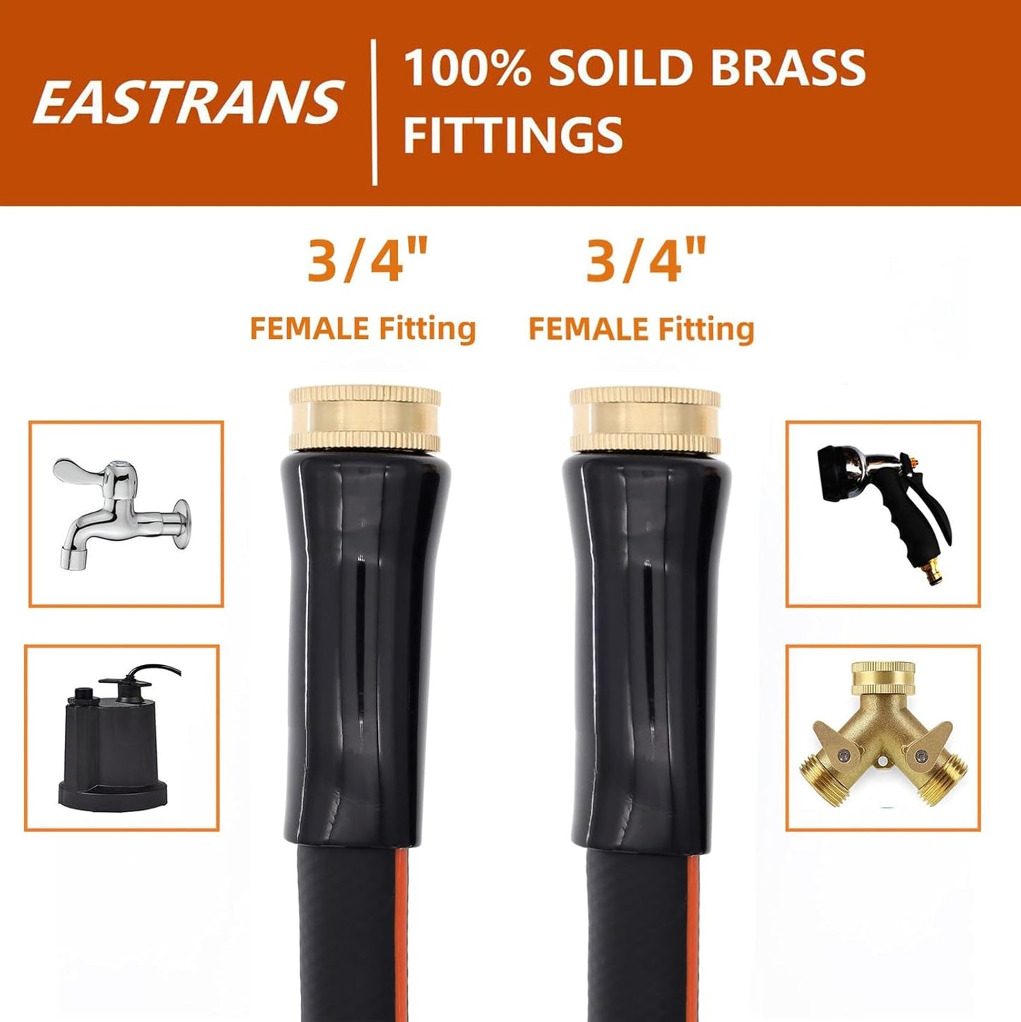 EASTRANS Short Garden Hose 10 ft x 5/8", Heavy Duty Black Orange Water Hose with Female to Female Brass Connector for All-weather Outdoor