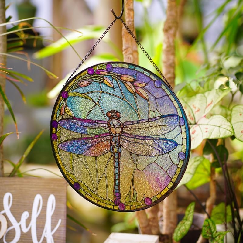 Butterfly Stained Glass Suncatcher,Stained Glass Decor with Metal Chain,Butterfly Suncatcher for Window Hanging (Dragonfly_C)