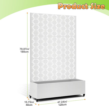 Metal Raised Garden Bed with Trellis, 2-in-1 Planter Box & Privacy Screen for Climbing Plants, Outdoor Standing Flower Bed with Drainage Holes, 47.2" L x 16.7" W x 70.8" H, White-Square