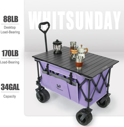 Whitsunday Collasible Wagon, Large Capacity 400Lbs, All-Terrain Wheels Heavy Duty Utility Wagon for Gardening Shopping Fishing Camping Outdoor Picnic Purple