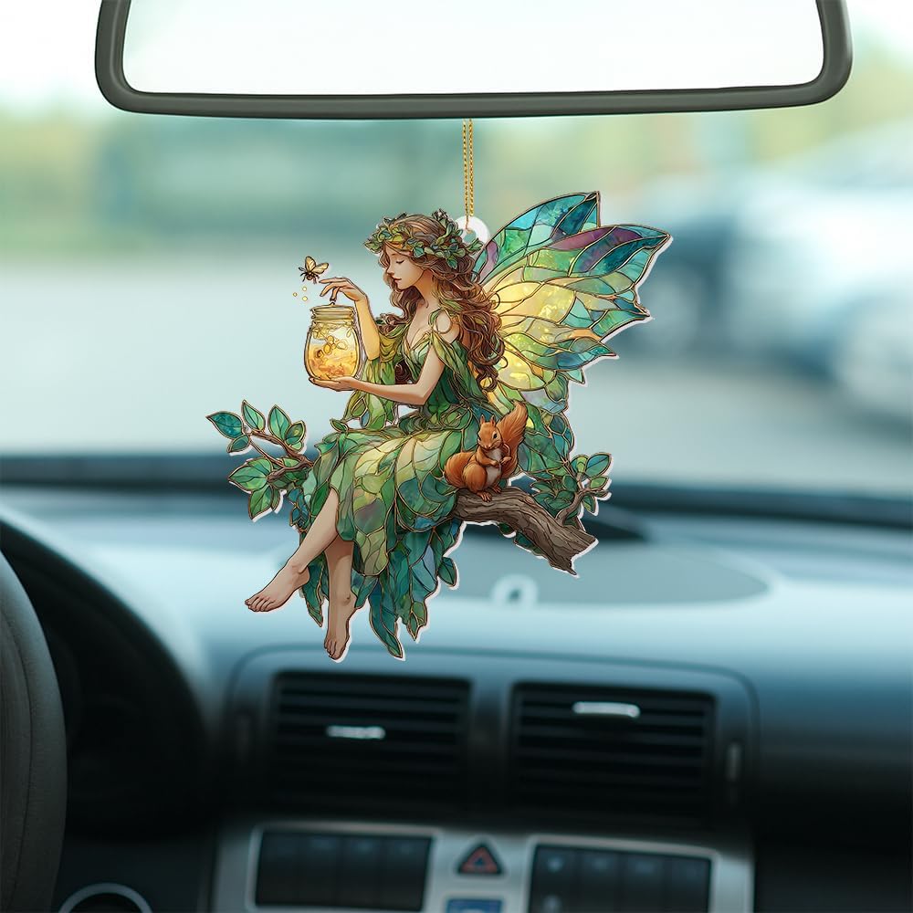 Fairy Stained Glass Acrylic Ornament – Enchanted Forest Fairy with Squirrel, Hanging Window Sun Catcher Decoration, Whimsical Christmas Ornament Gift for Women and Girls (Sun-32)