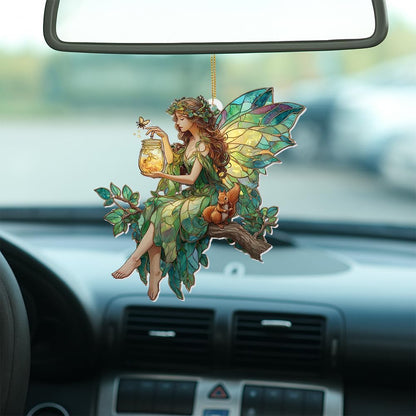 Fairy Stained Glass Acrylic Ornament – Enchanted Forest Fairy with Squirrel, Hanging Window Sun Catcher Decoration, Whimsical Christmas Ornament Gift for Women and Girls (Sun-32)