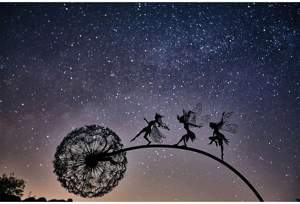 Flower Fairy Dancing with Dandelion Garden Art Sculpture Stainless Steel Statue Christmas Halloween Decoration for Outdoor Yard Courtyard Lawn Patio Metal Ornaments (Three Persons)