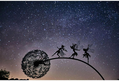 Flower Fairy Dancing with Dandelion Garden Art Sculpture Stainless Steel Statue Christmas Halloween Decoration for Outdoor Yard Courtyard Lawn Patio Metal Ornaments (Three Persons)