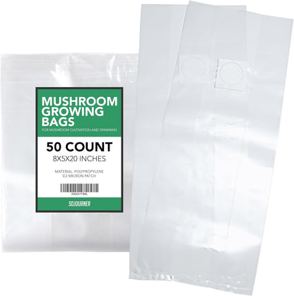 Mushroom Grow Bags (50 Pack) - 6 Mil Thick Autoclave Spawn Bags with 0.2 Micron Filter for Your Grain - Mycology Supplies - Large Size 8" x 5" x 20"