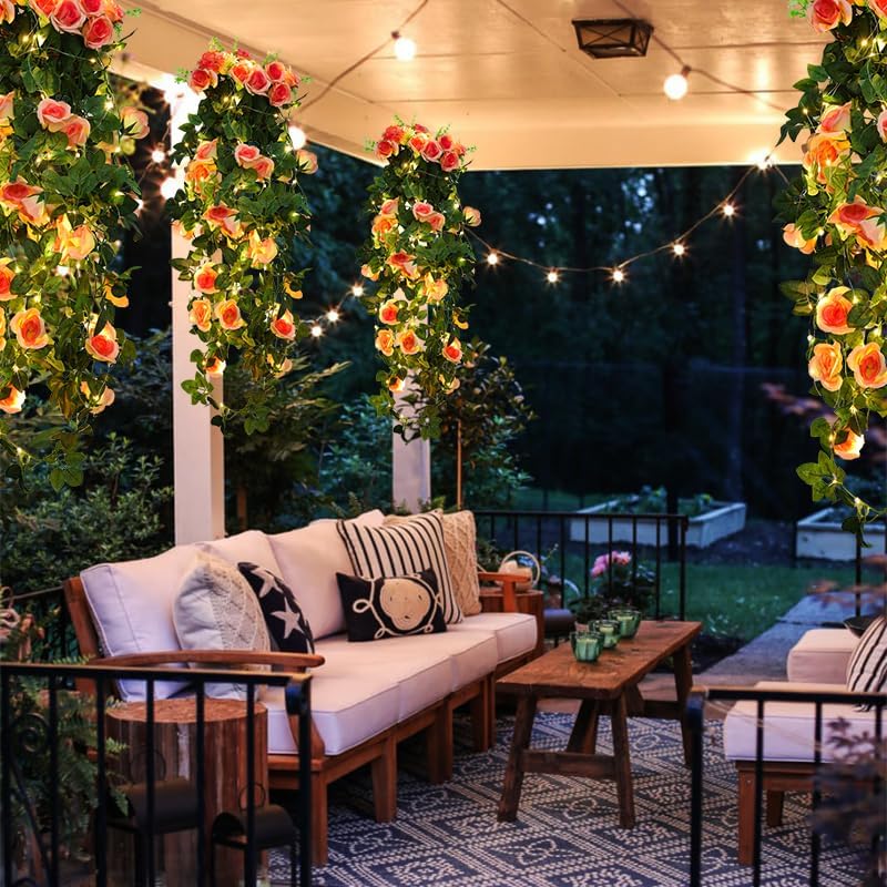 RECUTMS 4pcs Hanging Rose Flower Artificial Plants 32-in Fake Ivy Vine with 30 LED Fairy String Lights Outdoor UV Resistant Plastic Roses for Home Room Wedding Decor (Champagne)