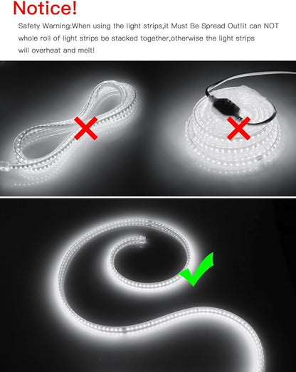 AIMENGTE LED Strip Lights Outdoor Waterproof, 600 LEDs, 6500K Cool White, 16.4ft LED Rope Lights for Bedroom, Kitchen, Garden, Patio, Indoor Christmas Decoration, AC 110V