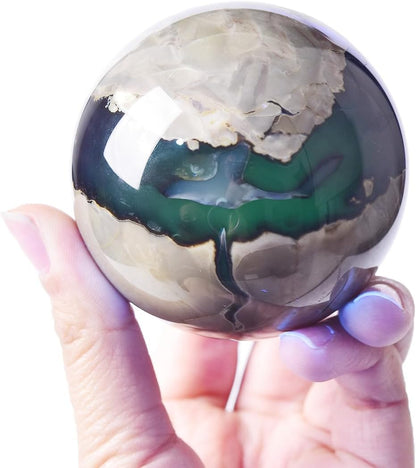 JIC Gem Volcanic Agate Crystal Sphere Large Quartz Crystal Ball with Stand Healing Ornament Witchcraft Meditation Decor 2.3-2.7 inch(60-70mm)