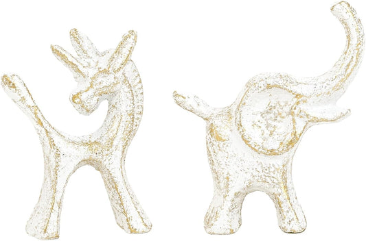 Sungmor Set of 2 Cast Iron Elephant & Unicorn Figurines - Rustic White Animal Sculptures for Shelf