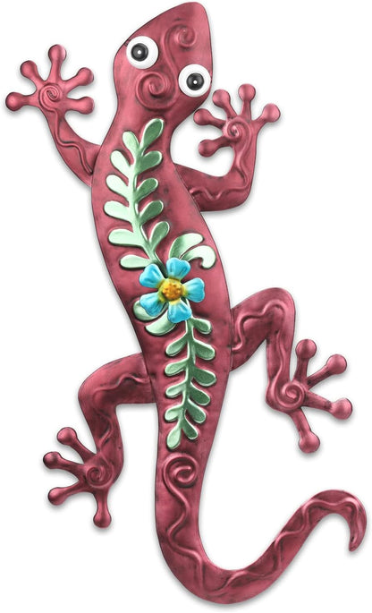 VCUTEKA Outdoor Metal Gecko Wall Art Lizard Wall Sculpture with Flower Outside Wall Sculpture Hanging Wall Decoration for Garden Patio Fence Yard Balcony Decor Brown
