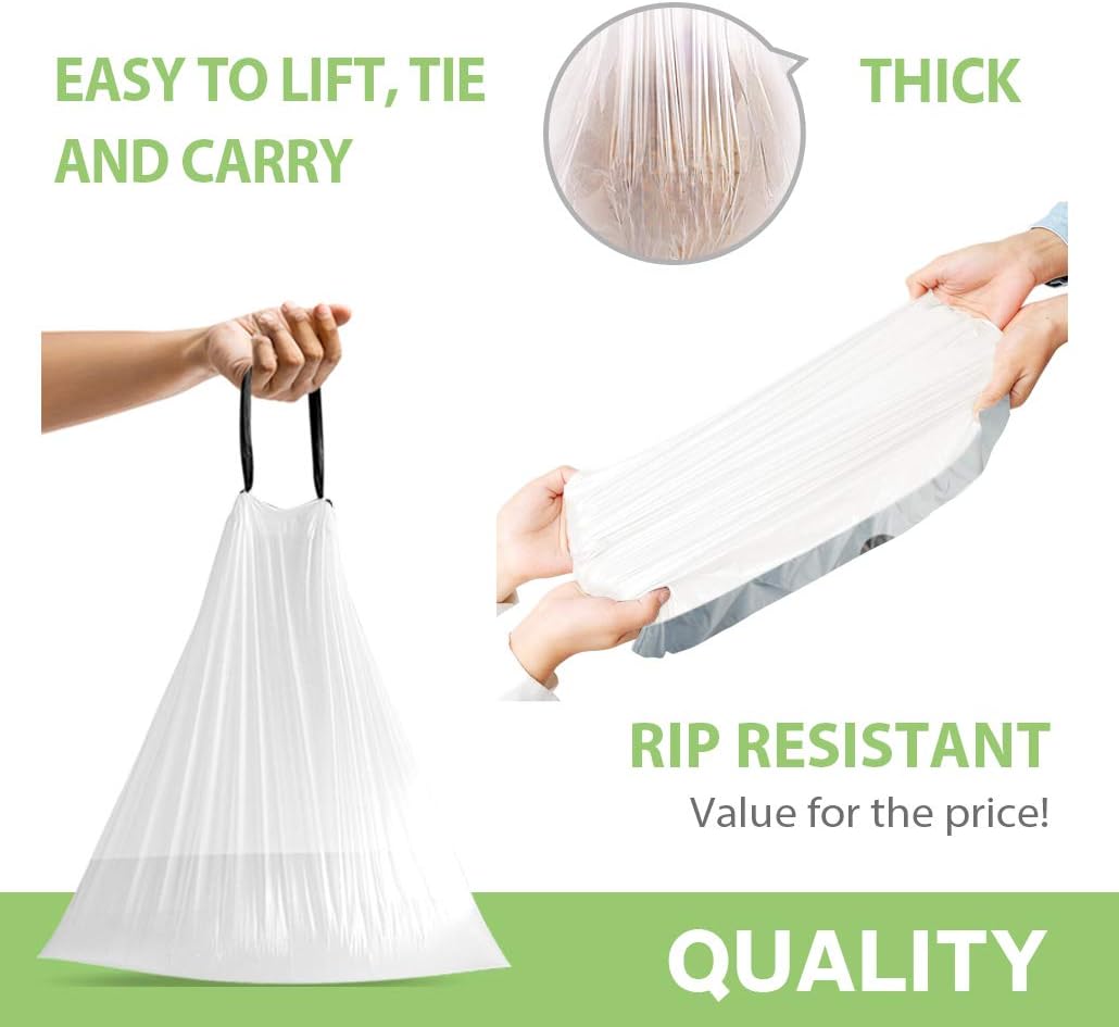 Teivio 1.6 Gallon 120 Counts Strong Drawstring Trash Bags Garbage Bags, Medium Kitchen Trash Can Bathroom Bin Liners, Plastic Trash Bags for Home Office Kitche, White
