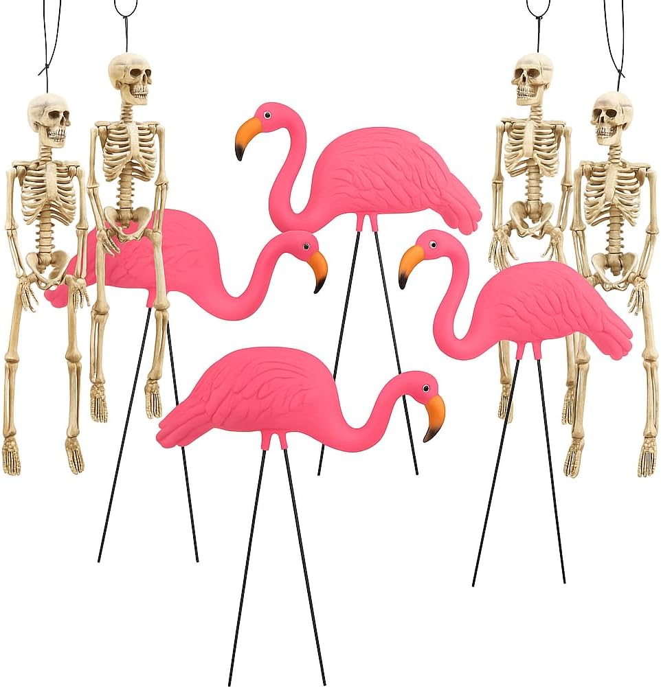 GIFTEXPRESS 8‑Piece Halloween Yard Decorations – 4 Posable 16 inch Skeletons + 4 Pink Flamingo Lawn Ornaments with Rust‑Resistant Stakes & Pink Zip Tie, Outdoor Garden Statues, Spooky Graveyard Decor
